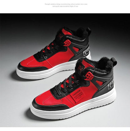 Stevvex red and black high-top sneakers (two) with white platform sole and fur lining on Tampa Home & Garden Store