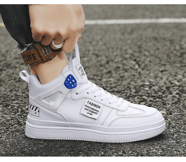 Stevvex white high-top platform sneaker leather upper lace-up front blue lace lock on Tampa Home & Garden Store