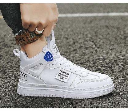Stevvex white high-top platform sneaker leather upper lace-up front blue lace lock on Tampa Home & Garden Store