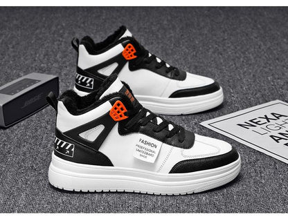 Stevvex men's high-top platform sneakers in white and black leather with orange eyelets on Tampa Home & Garden Store
