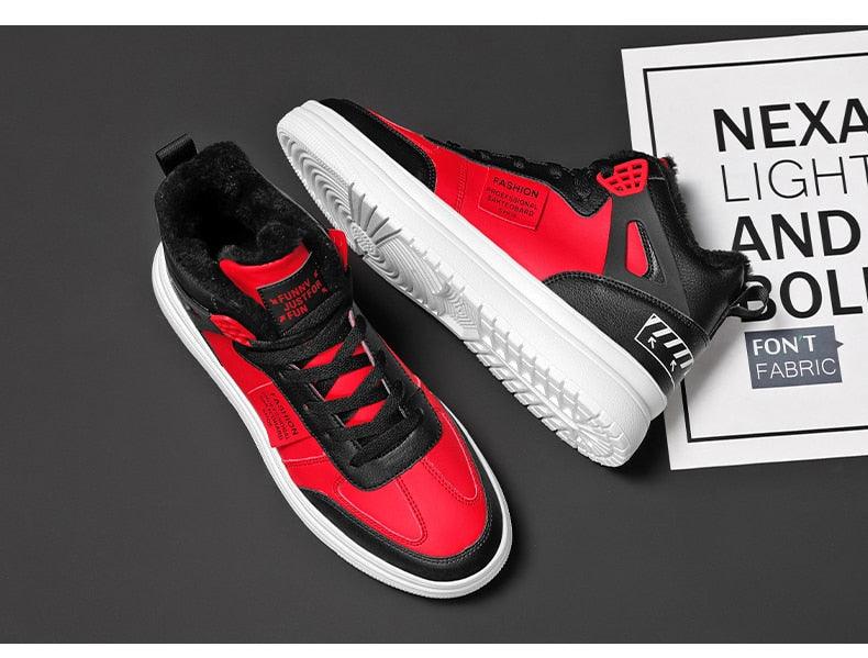 High-top Stevvex red and black leather sneakers with white platform sole and lace-up design on Tampa Home & Garden Store