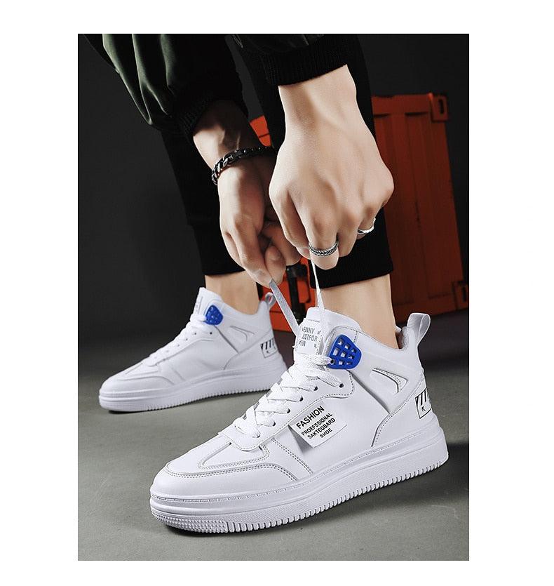 Stevvex pair of white high-top platform sneakers with blue lace eyelets, leather upper on Tampa Home & Garden Store
