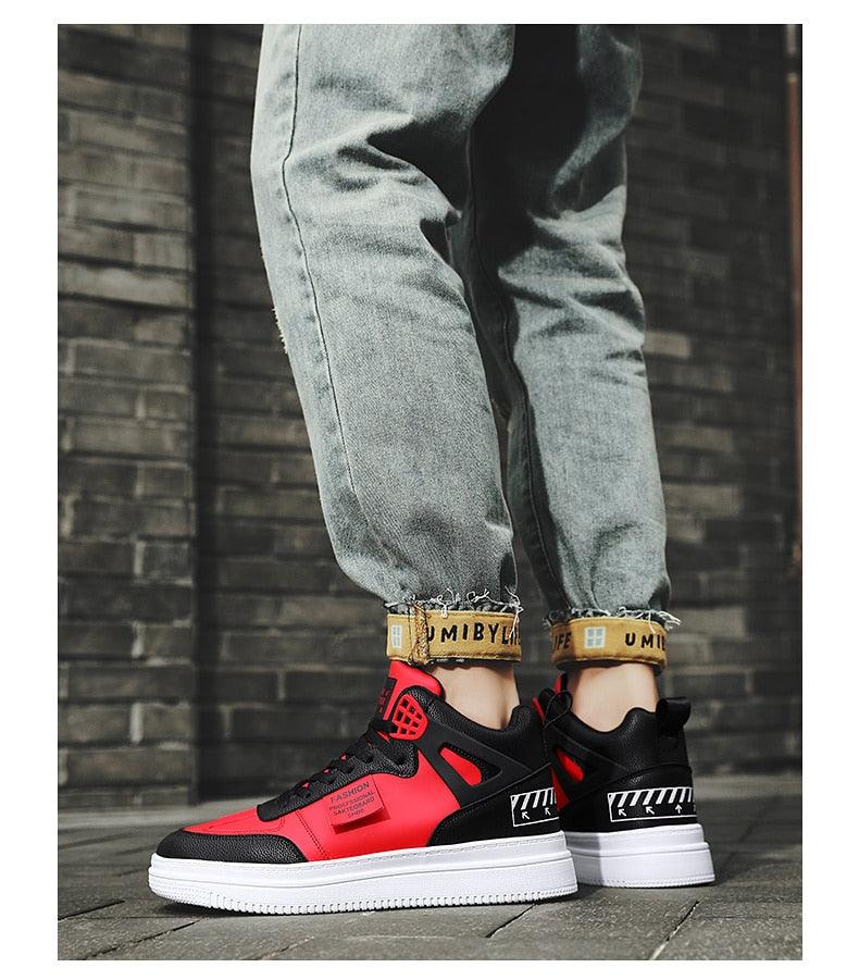 Elegant Sport men's high-top platform sneakers red and black leather with white sole Stevvex on Tampa Home & Garden Store