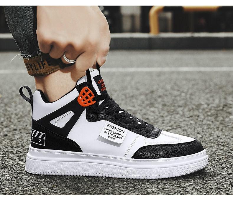 Stevvex men's high-top sneaker with white and black leather, orange eyelets, platform sole on Tampa Home & Garden Store