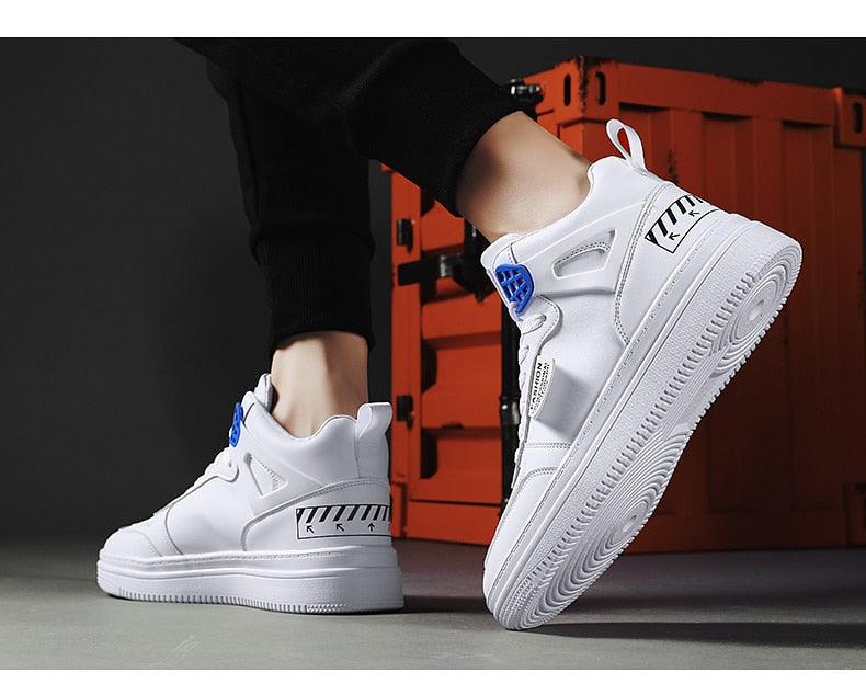 Stevvex white leather high-top platform sneaker with blue lace toggle and heel stripe on Tampa Home & Garden Store