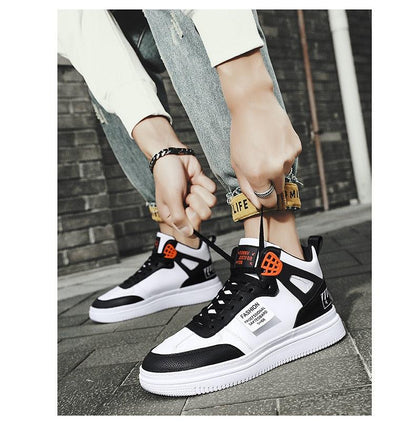 Stevvex high-top platform sneakers in white/black leather with orange accents lace-up casual fashion on Tampa Home & Garden Store