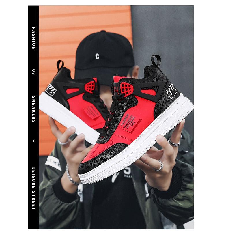 Elegant Sport men's red and black high-top platform sneakers with white sole Stevvex pair on Tampa Home & Garden Store