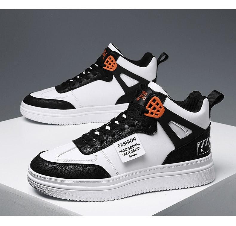 Stevvex men's sneaker high-top platform with black overlays white panels orange lace cage on Tampa Home & Garden Store