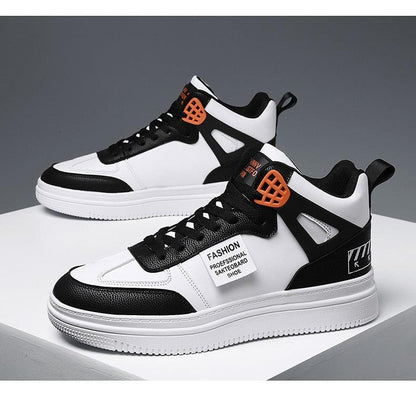 Stevvex men's sneaker high-top platform with black overlays white panels orange lace cage on Tampa Home & Garden Store