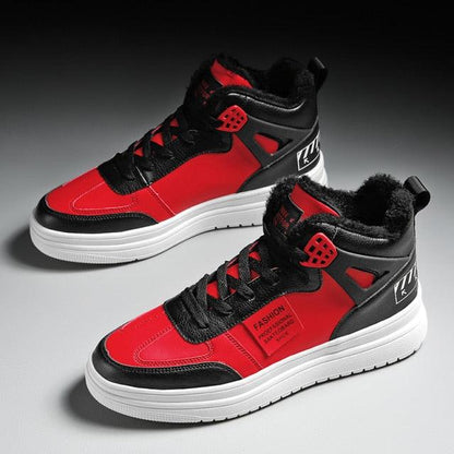 Stevvex men's hi-top leather sneakers red and black with white platform sole pair on Tampa Home & Garden Store