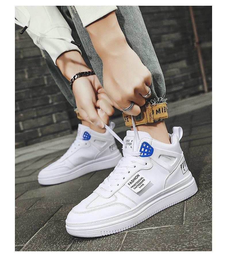 Stevvex white high-top platform sneakers, leather lace-up with blue accents on Tampa Home & Garden Store