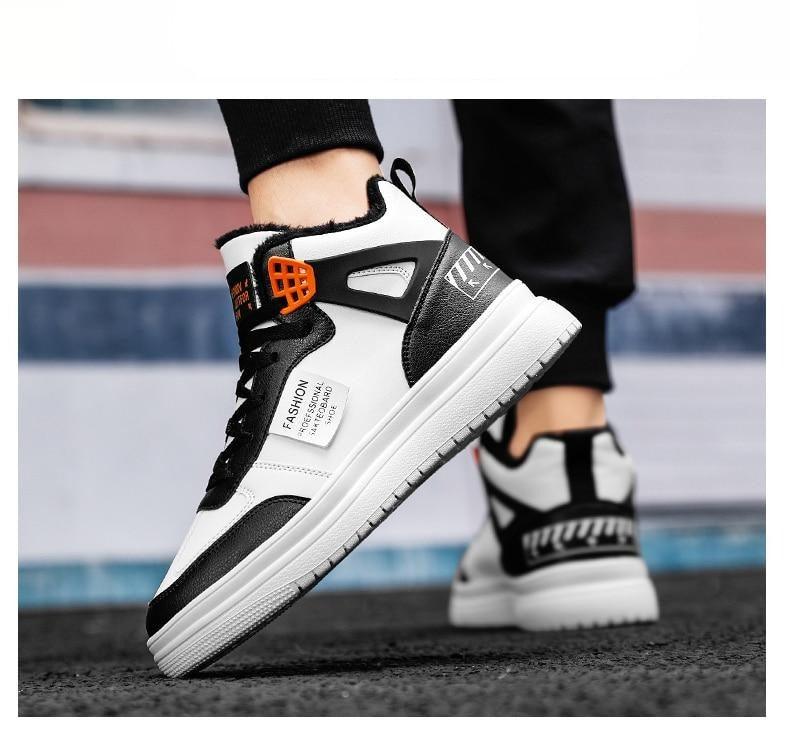 Stevvex men's high-top leather sneaker with white-black panels and orange lace lock sole on Tampa Home & Garden Store