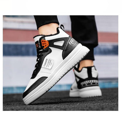Stevvex men's high-top leather sneaker with white-black panels and orange lace lock sole on Tampa Home & Garden Store