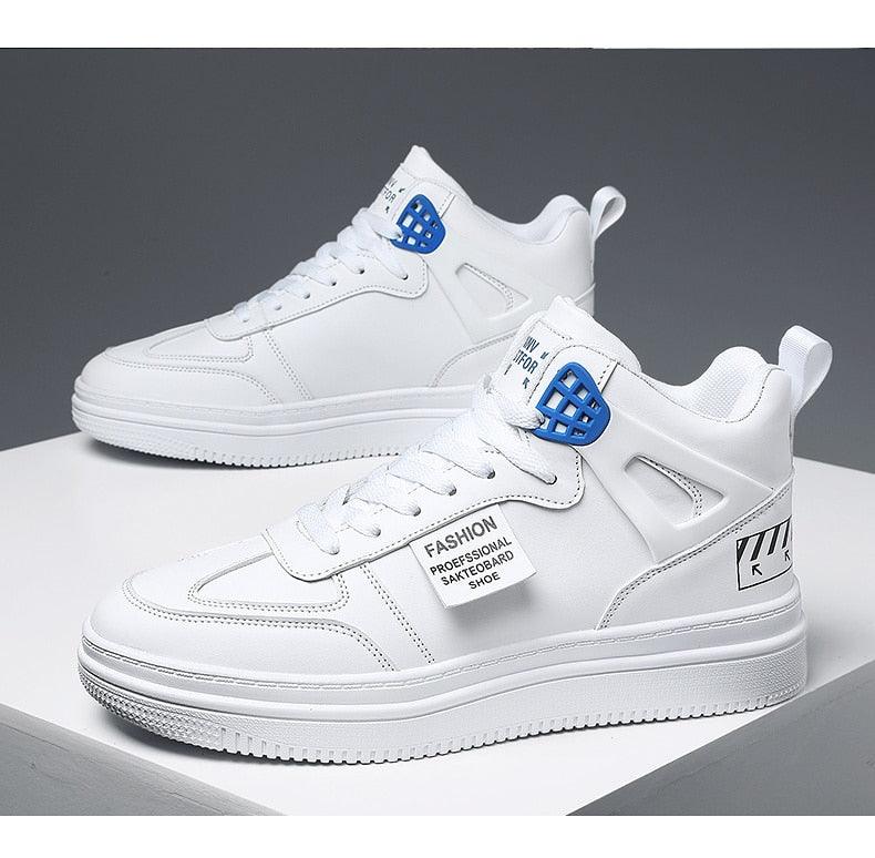Stevvex white leather sneakers pair with blue eyelet accents and high-top platform sole on Tampa Home & Garden Store