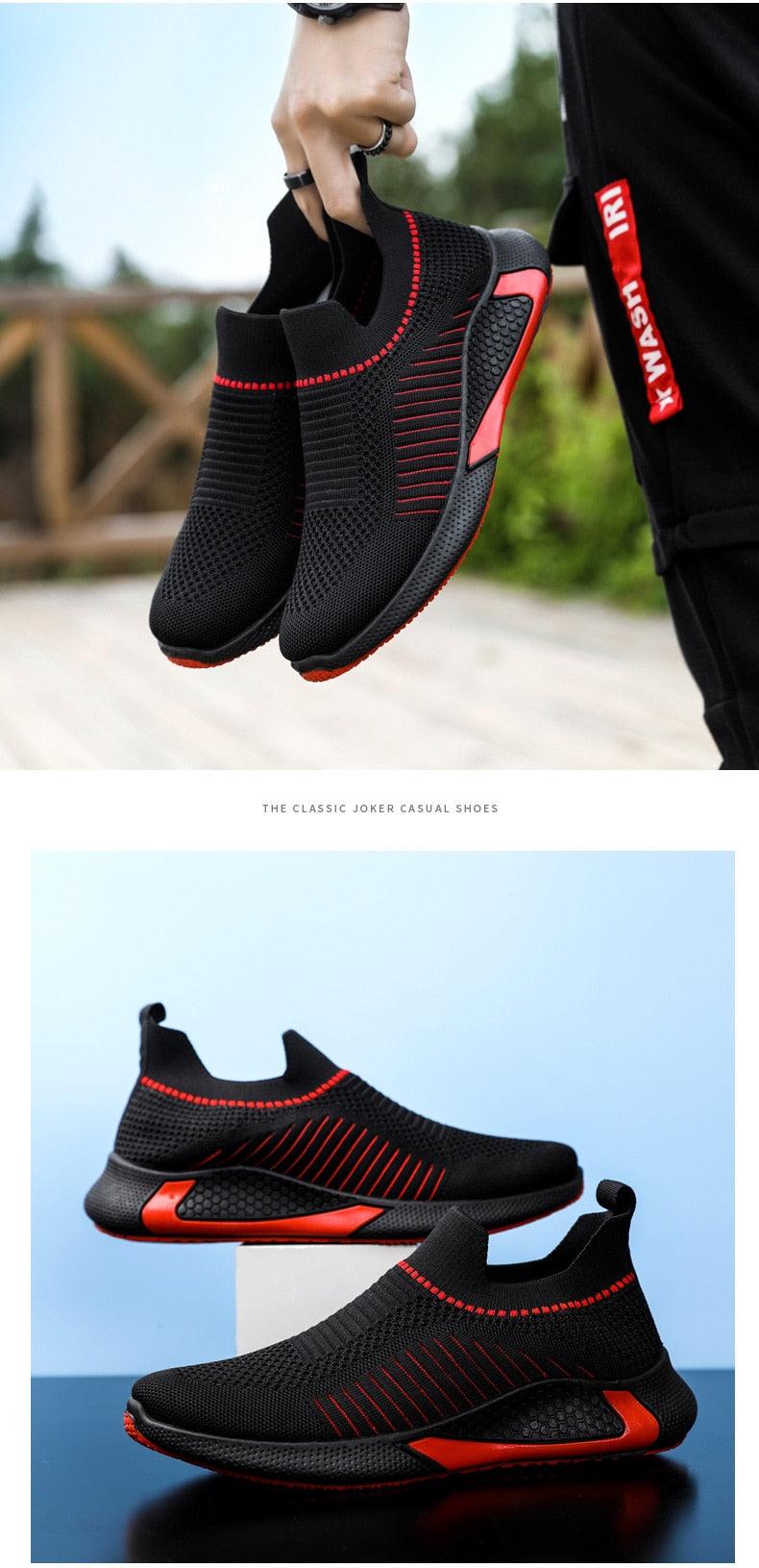 Stevvex men's black knit running sneakers with red accents and breathable mesh pair on Tampa Home & Garden Store