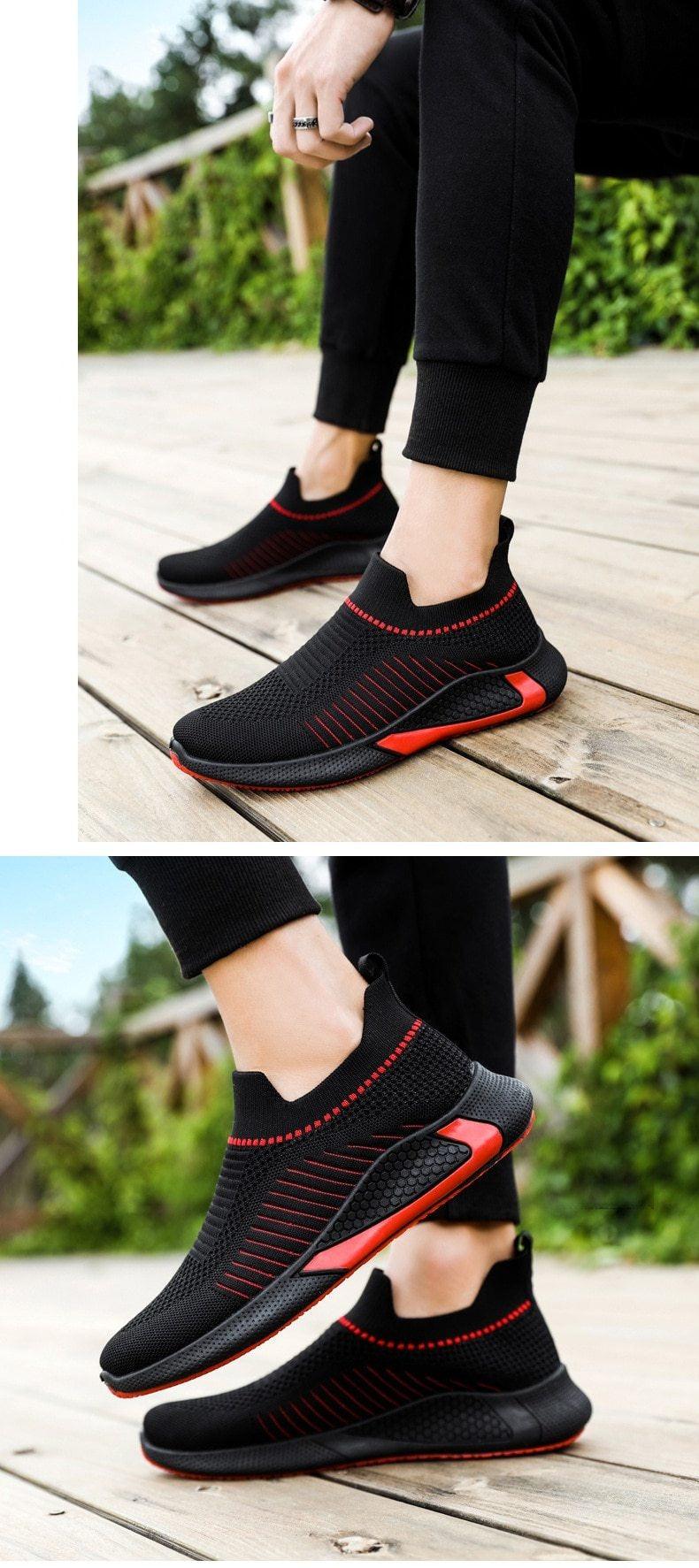 Stevvex men's black knit slip-on sneakers with red accents breathable running shoes on Tampa Home & Garden Store
