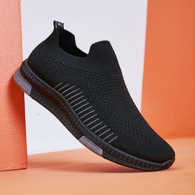 Stevvex Elegant Sport Mens Sneakers black knit upper lightweight breathable running shoes on Tampa Home & Garden Store