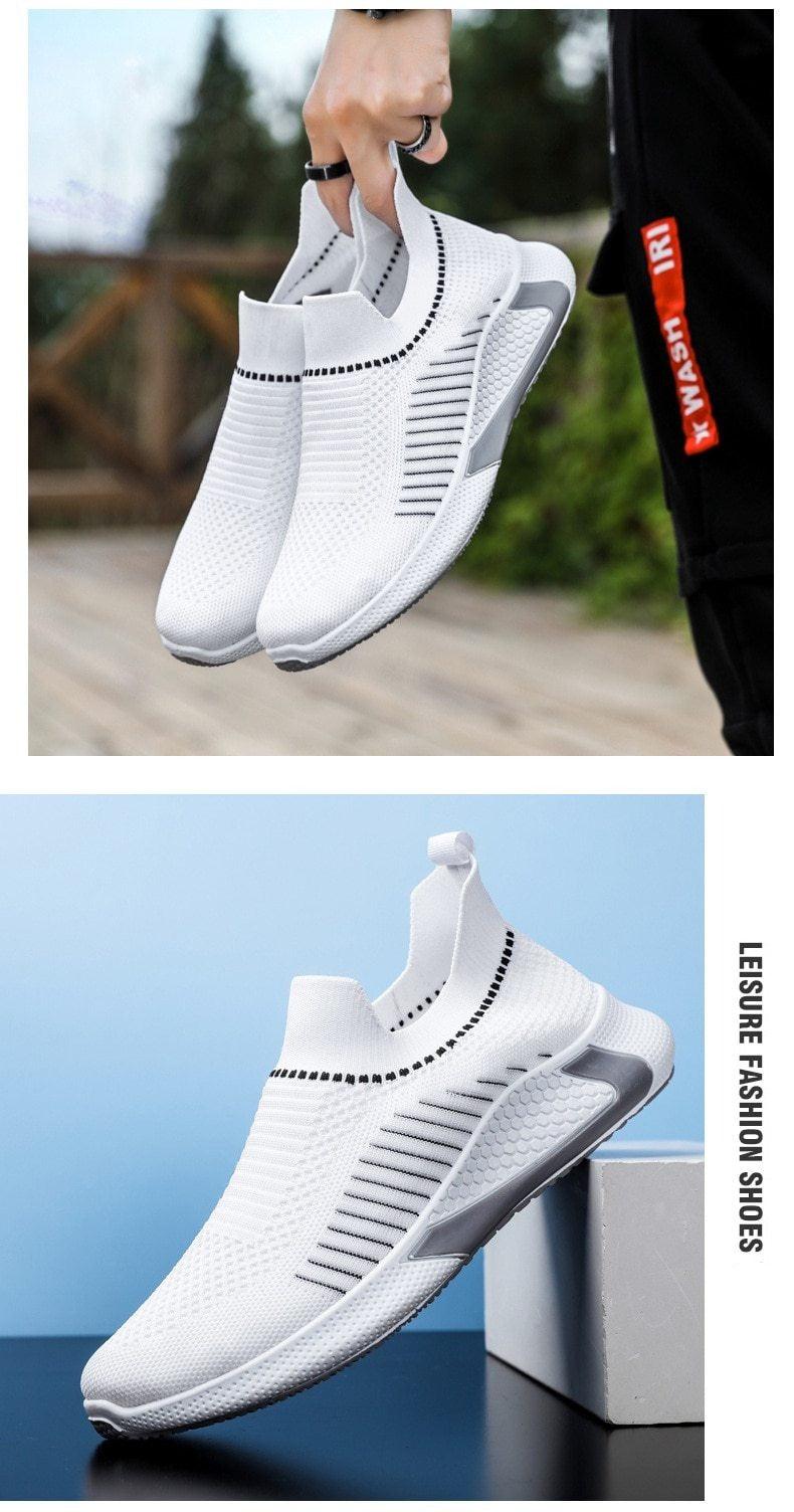 Stevvex men's white slip-on mesh sneakers with breathable knit upper and gray heel on Tampa Home & Garden Store
Stevvex men's white slip-on running sneakers with breathable mesh upper and pull tab at heel on Tampa Home & Garden Store