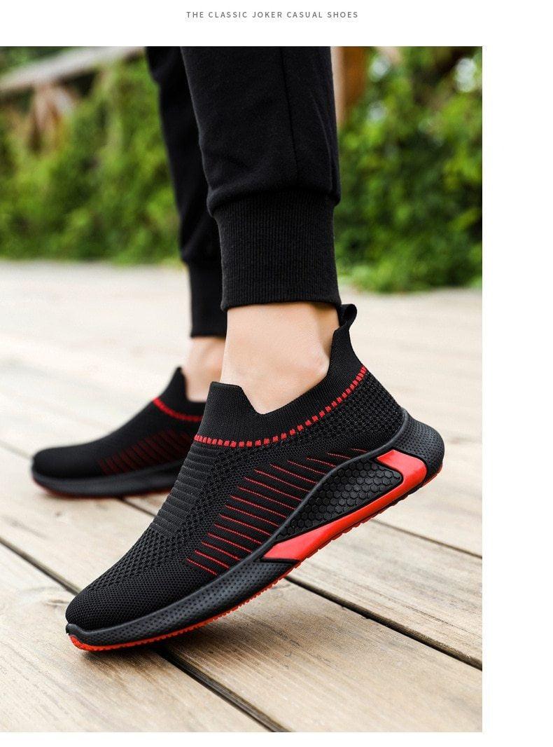 Stevvex men's black breathable knit sneakers with red accents lightweight mesh on Tampa Home & Garden Store