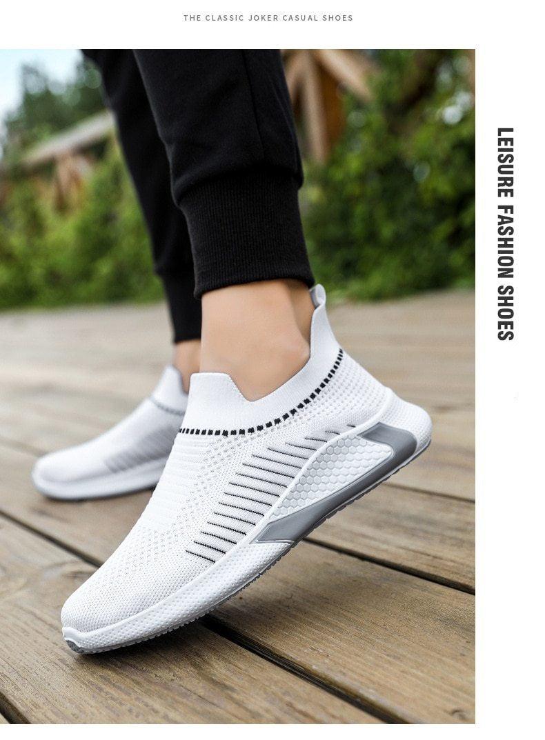 Stevvex white knit sneakers for men with slip-on collar and gray side support on Tampa Home & Garden Store