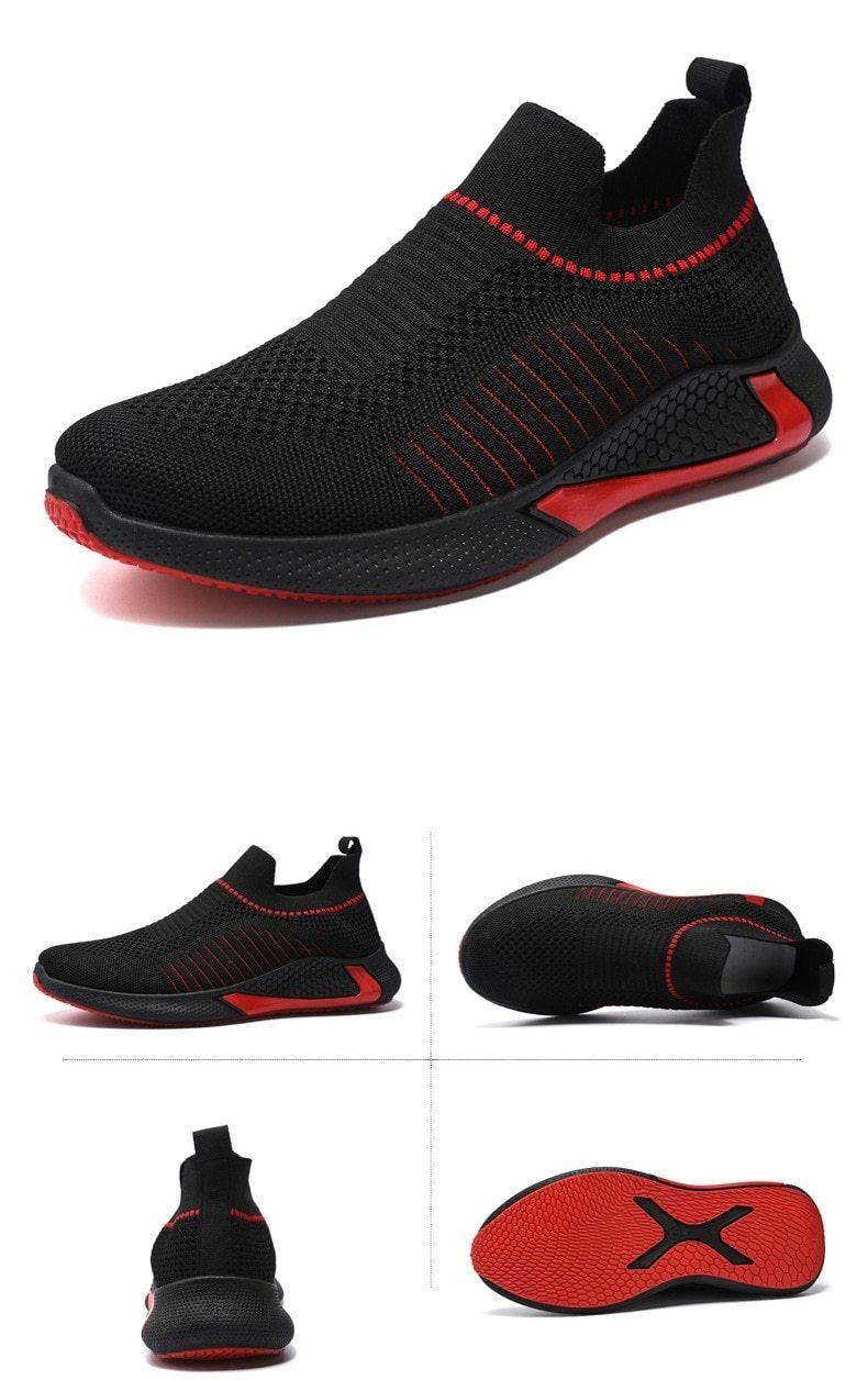 Stevvex mens sneakers black breathable knit running shoe with red accents slip-on sock-like collar on Tampa Home & Garden Store