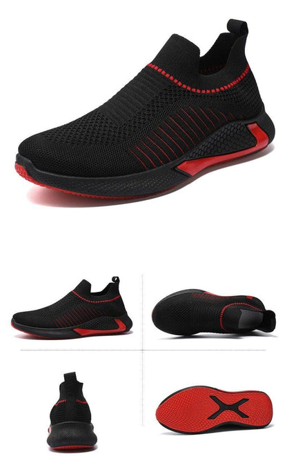 Stevvex mens sneakers black breathable knit running shoe with red accents slip-on sock-like collar on Tampa Home & Garden Store
