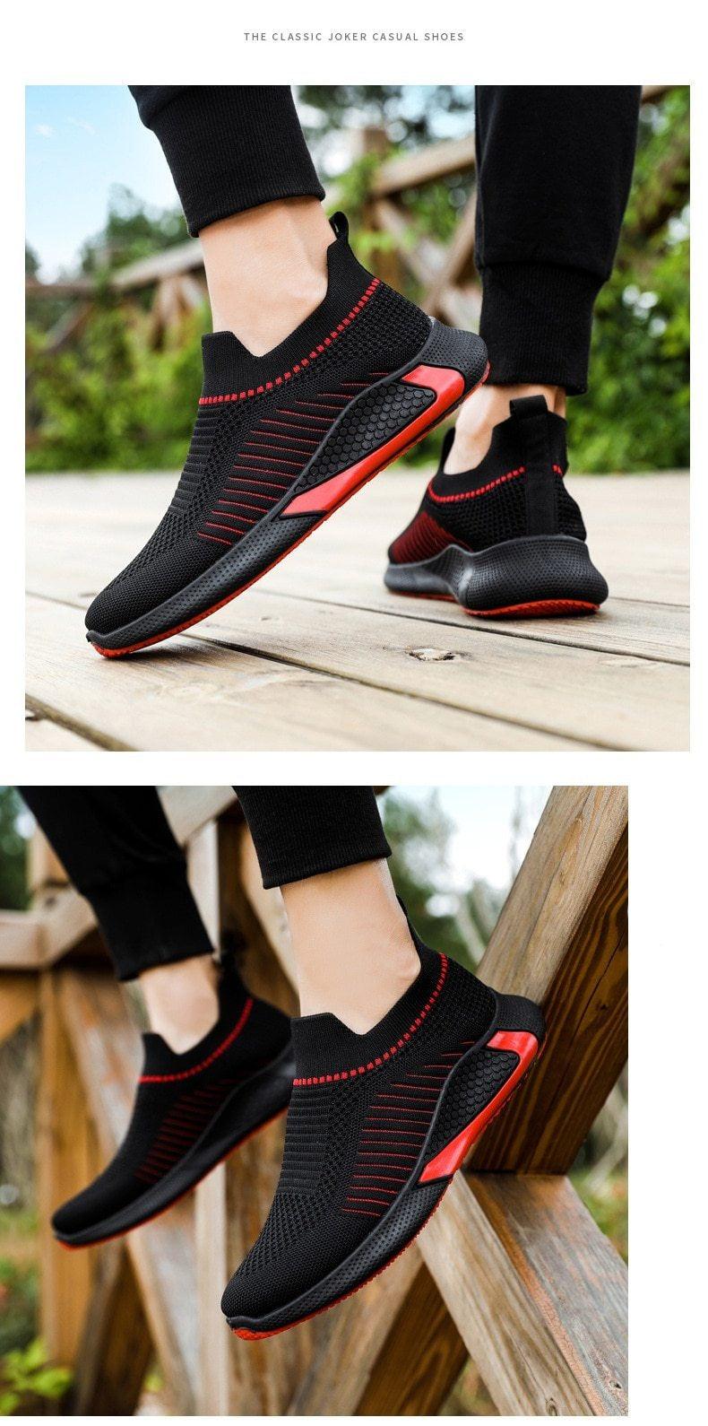 Stevvex Elegant Sport mens sneakers pair, black knit with red sole detail, lightweight breathable on Tampa Home & Garden Store