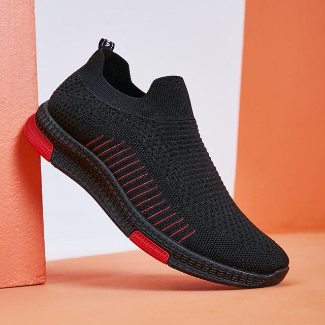 Stevvex Sneakers black knit slip-on running shoes with red sole accent on Tampa Home & Garden Store