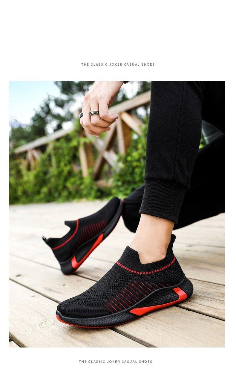 Stevvex men's knit sock sneakers pair in black with red accents on Tampa Home & Garden Store