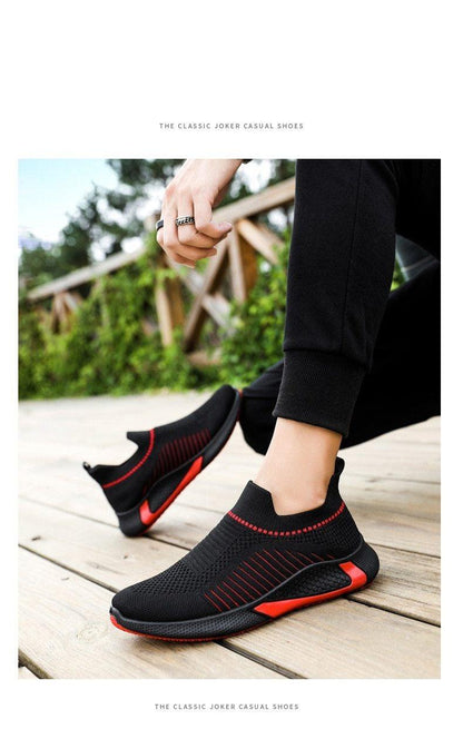 Stevvex men's knit sock sneakers pair in black with red accents on Tampa Home & Garden Store