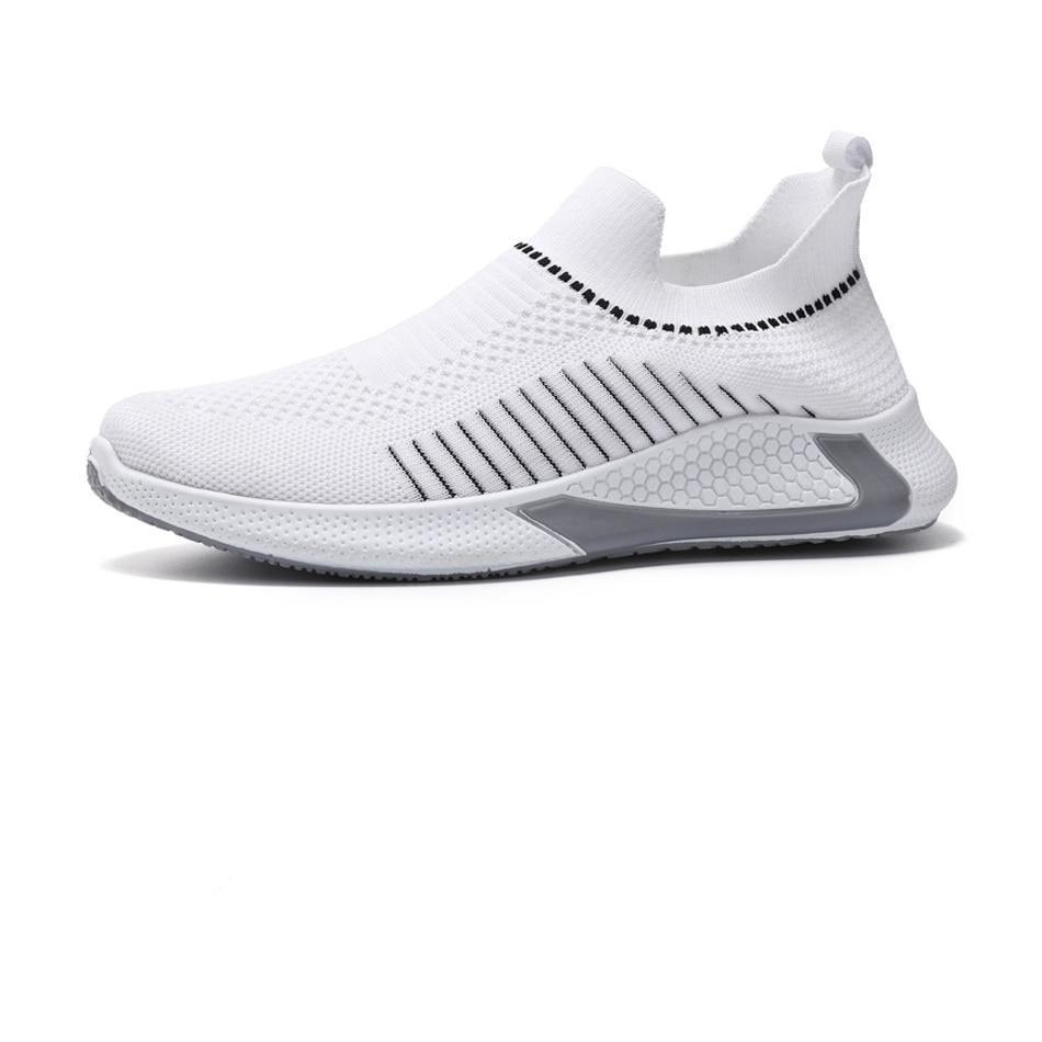 Stevvex Elegant Sport Mens Sneakers white knit running shoes with black stripe accents on Tampa Home & Garden Store