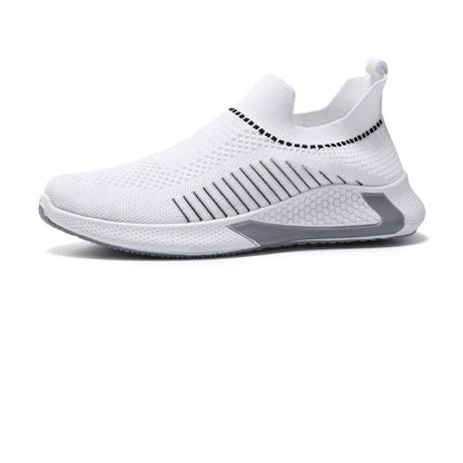 Stevvex Elegant Sport Mens Sneakers white knit running shoes with black stripe accents on Tampa Home & Garden Store