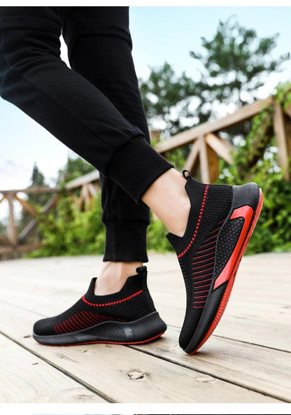 Stevvex men's black knit sneakers with red accents, lightweight breathable running shoes on Tampa Home & Garden Store