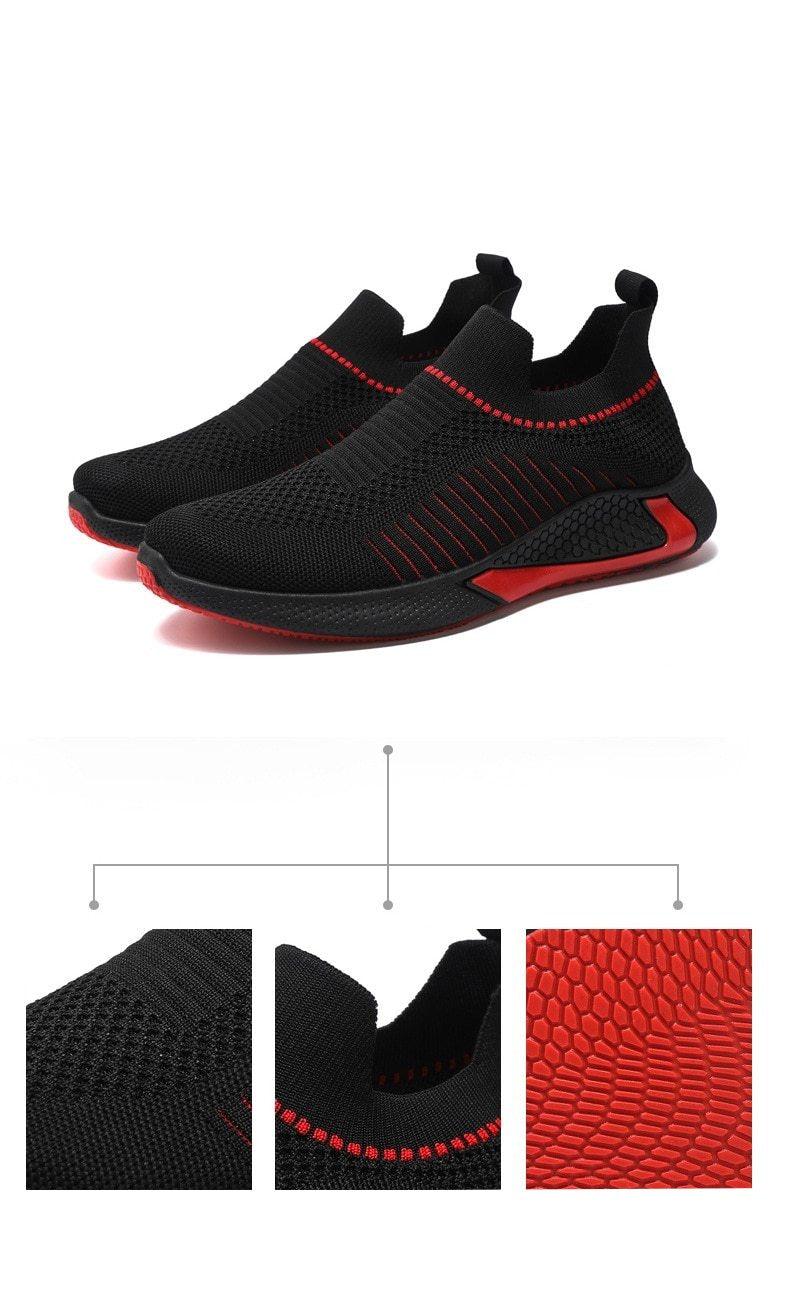 Stevvex black knit sneakers with red accents, breathable mesh upper, slip-on design on Tampa Home & Garden Store
