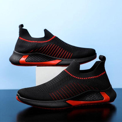 Elegant Sport mens sneakers black knit mesh upper with red accents slip-on running casual shoes on Tampa Home & Garden Store
