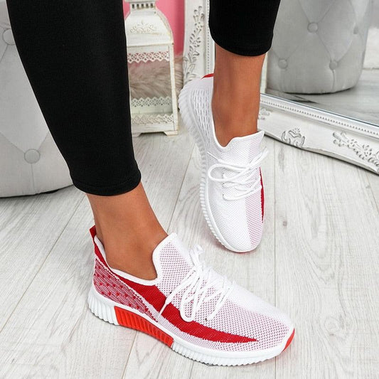 Elegant Sport women's mesh sneakers white with red accents lace-up breathable knit sole on Tampa Home & Garden Store