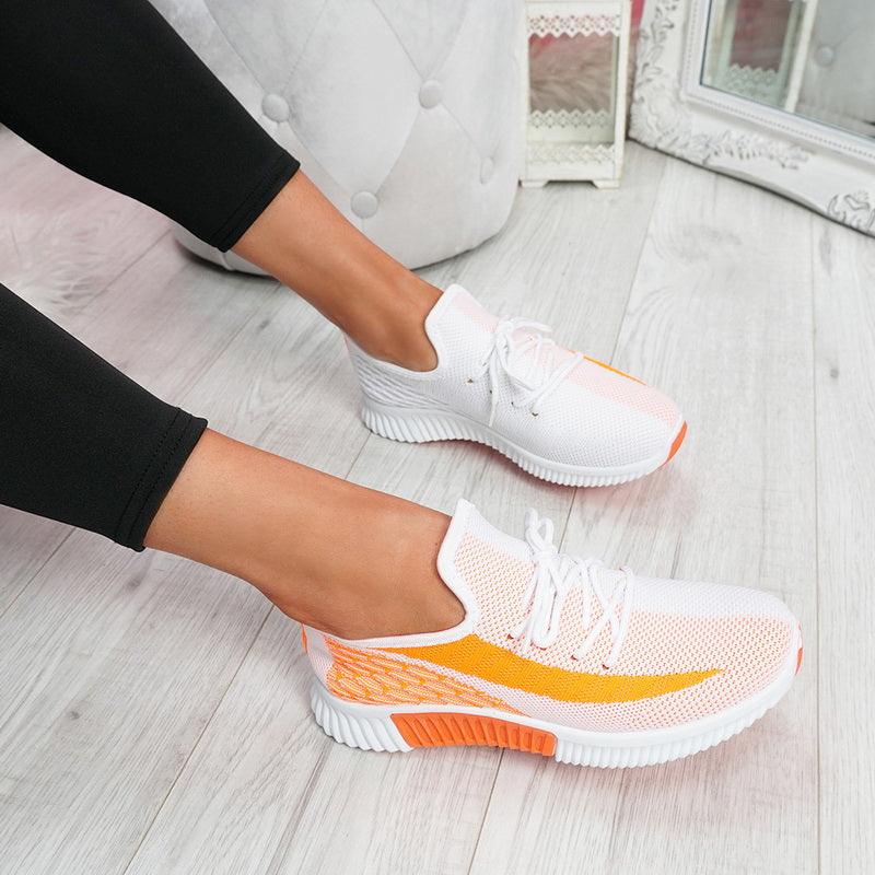 Stevvex women's mesh lace-up sneakers white and orange breathable knit upper round toe on Tampa Home & Garden Store