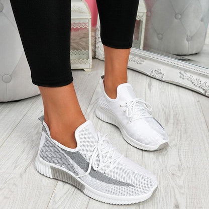 Elegant Sport women's white mesh sneakers with gray side panels, lace-up casual walking shoes on Tampa Home & Garden Store