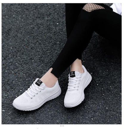 Stevvex white women's mesh sneakers, lace-up casual tennis shoes with non-slip sole on Tampa Home & Garden Store