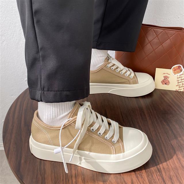 Stevvex beige canvas sneakers pair with white platform sole, lace-up low-top casual sneakers on Tampa Home & Garden Store