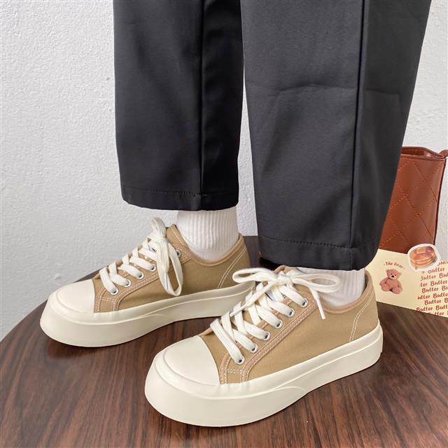 Stevvex beige canvas low-top sneakers with white toe cap, lace-up, thick platform sole on Tampa Home & Garden Store