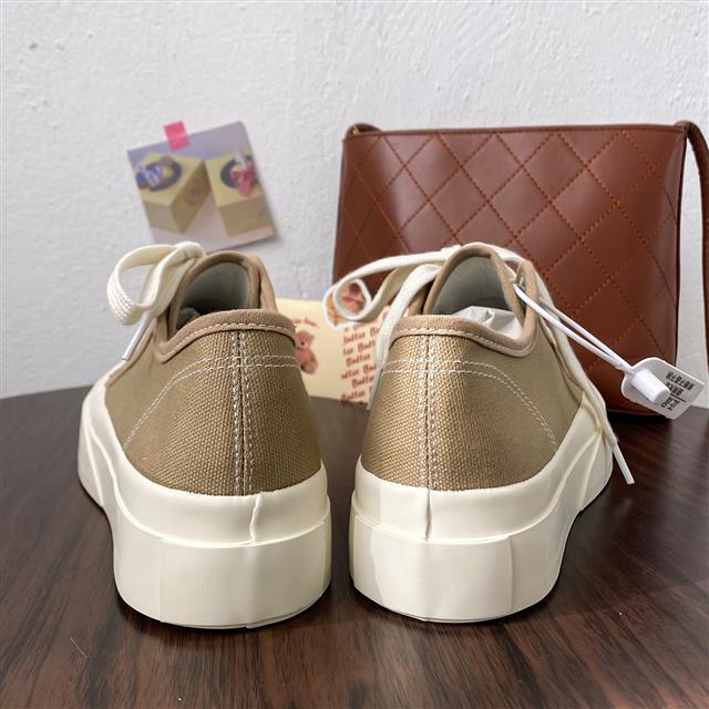Stevvex beige canvas sneakers back view pair with white platform sole and lace-up details on Tampa Home & Garden Store