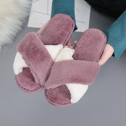 Stevvex fluffy slippers pink mauve faux fur indoor slip-ons, 2 slippers shown on Tampa Home & Garden Store