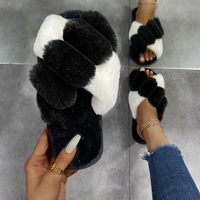 Slippers Stevvex fluffy black and white faux fur straps open-toe indoor outdoor slides on Tampa Home & Garden Store