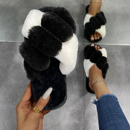 Slippers Stevvex fluffy black and white faux fur straps open-toe indoor outdoor slides on Tampa Home & Garden Store