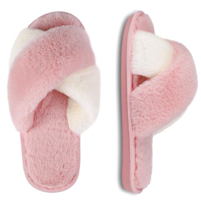 Pink fluffy women's cross-band faux fur slippers open-toe slip-on indoor footwear Stevvex on Tampa Home & Garden Store