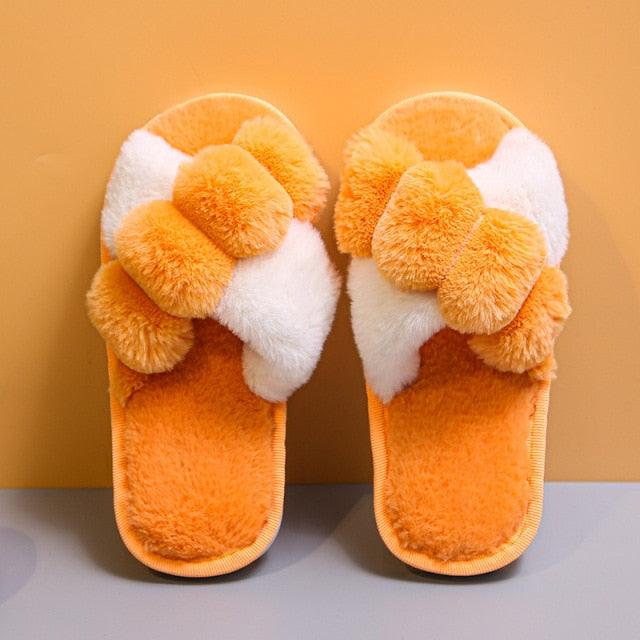 Stevvex orange white fluffy slippers, faux fur open-toe slides, non-slip cozy house shoes on Tampa Home & Garden Store