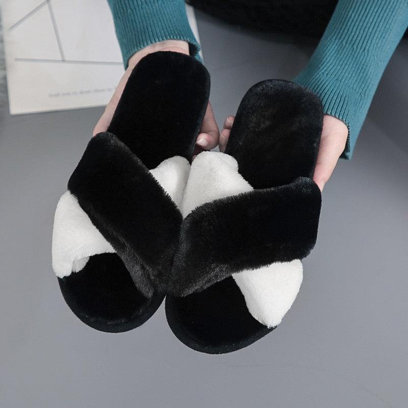 Stevvex fluffy cross-band slippers pair in black and white faux fur indoor slides on Tampa Home & Garden Store