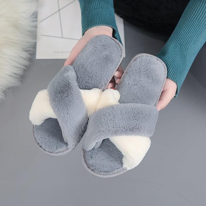 Stevvex grey faux fur indoor-outdoor slippers plush cross-band slides warm non-slip pair on Tampa Home & Garden Store