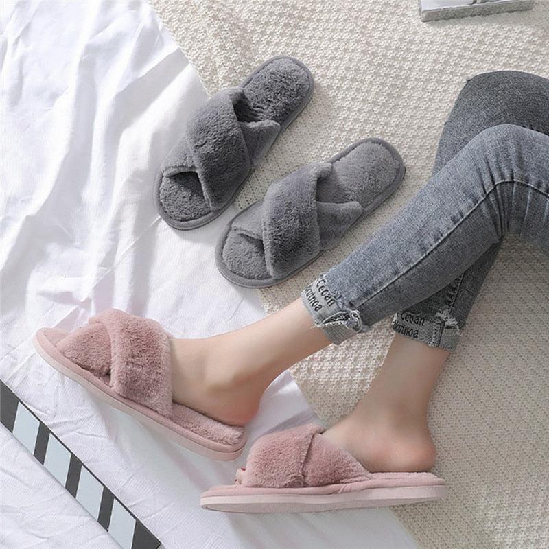 Women's plush faux fur slippers pink and gray open-toe slip-ons, two pairs shown on Tampa Home & Garden Store